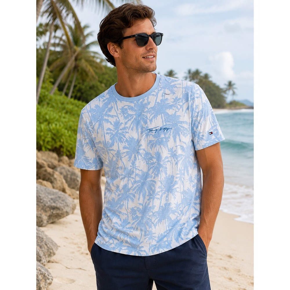 Tommy Hilfiger Mens Tropical Palm Tree Print‎ T-Shirt Blue White Size M